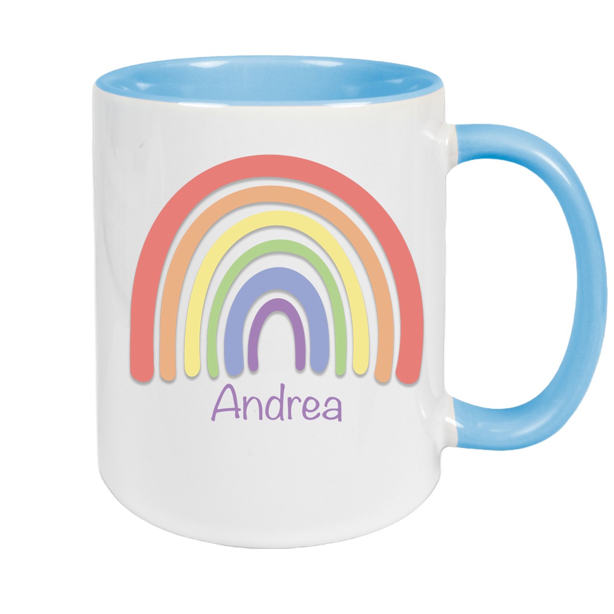 Tasse Wunschname Regenbogen #1 Keramik Kinderbecher Hellblau