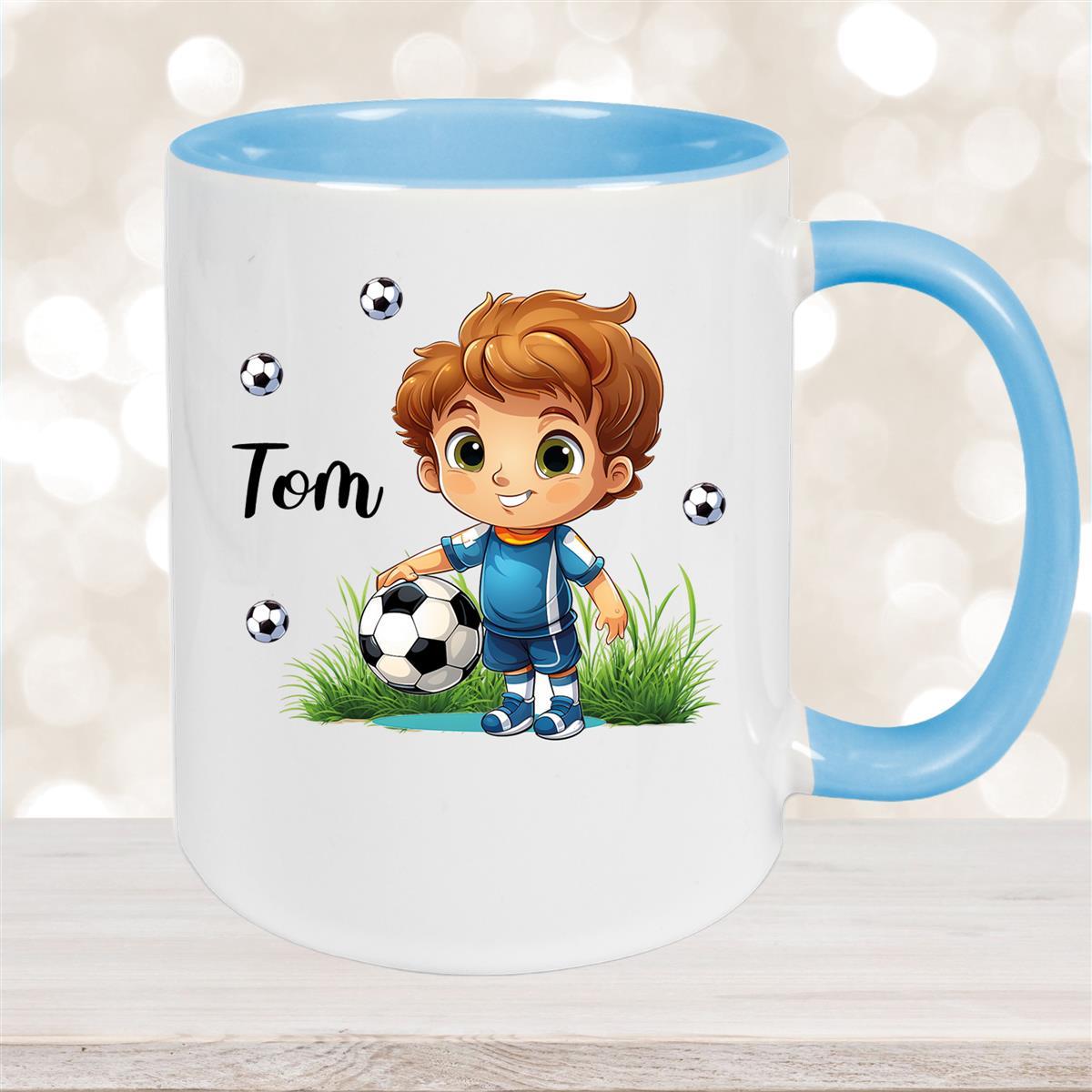 Tasse Fußball #7 Wunschname Keramik Kinderbecher personalisiert Hellblau