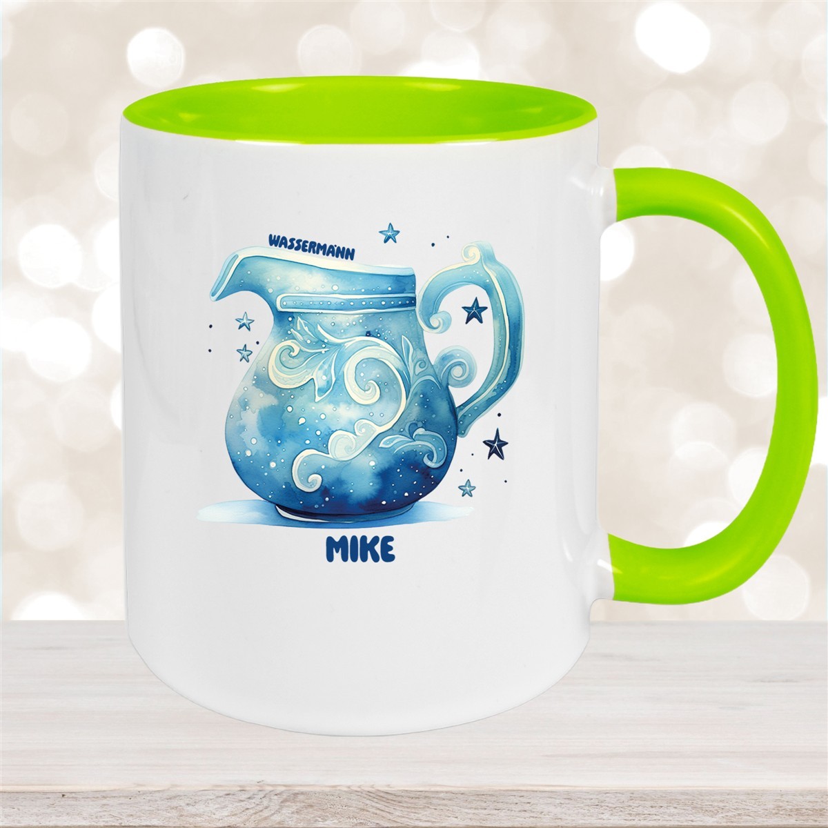 Tasse Sternzeichen Kinder Wassermann #1 Wunschname Keramik Kinderbecher personalisiert Grün
