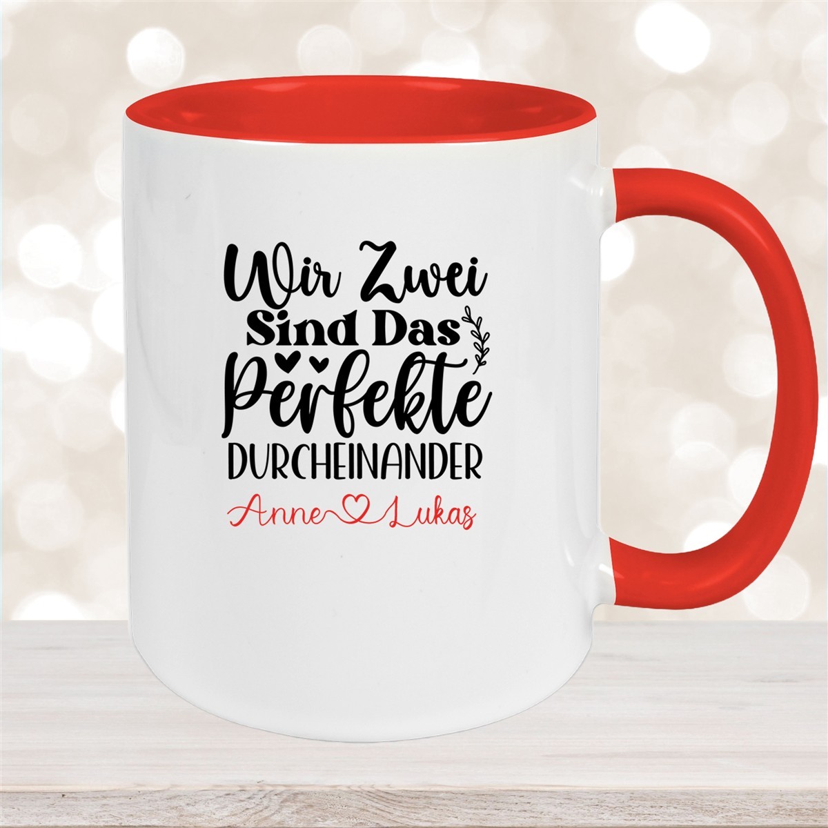Tasse Liebe - "Wir Zwei sind das perfekte Durcheinander" Valentinstag Wunschnamen Keramik personalisiert versch. Farben Rot