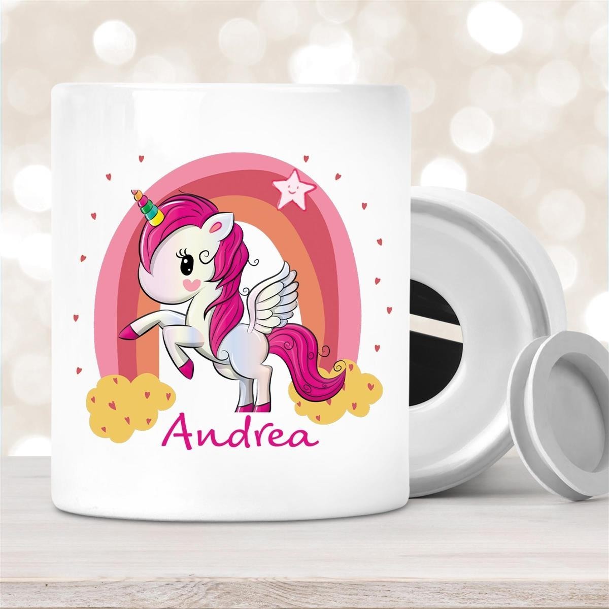 Spardose mit Wunschname Regenbogen-Einhorn personalisiert