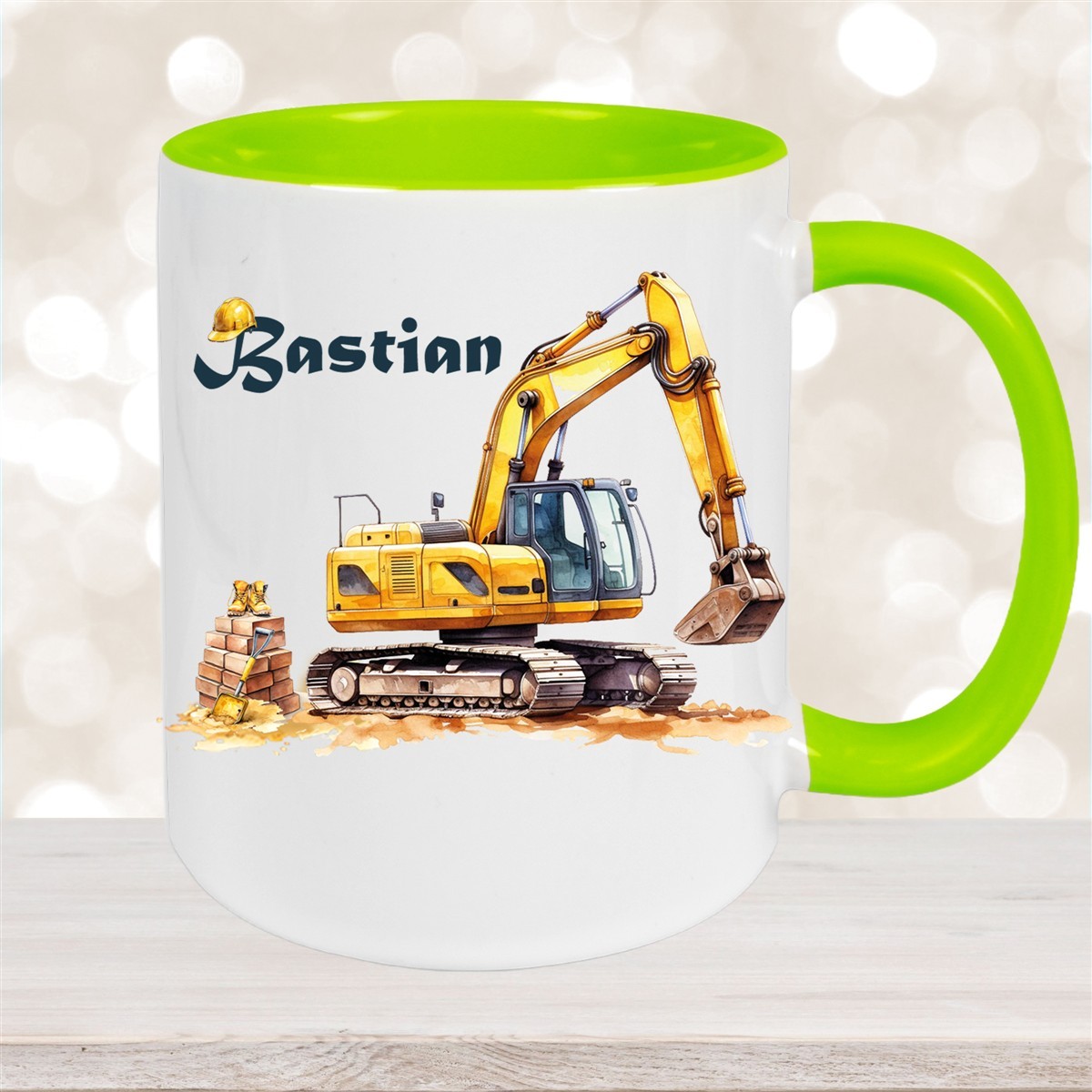 Tasse Wunschname Baustelle Bagger Keramik Kinderbecher Grün