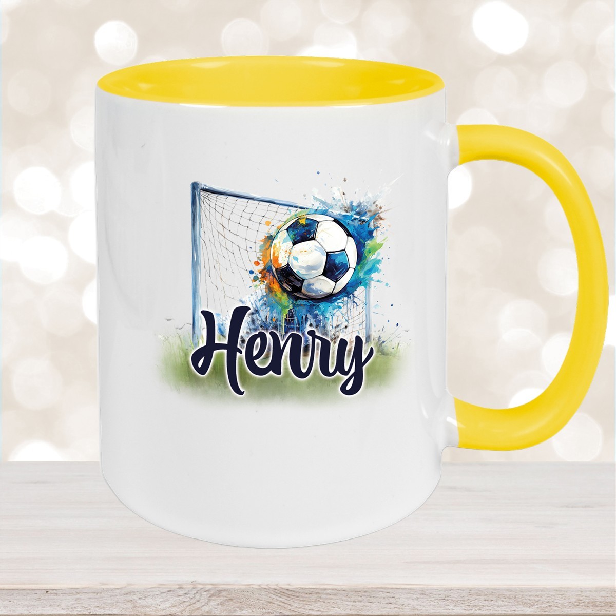 Tasse Wunschname Fußball #13 Personalisiert Keramik Kinderbecher Gelb