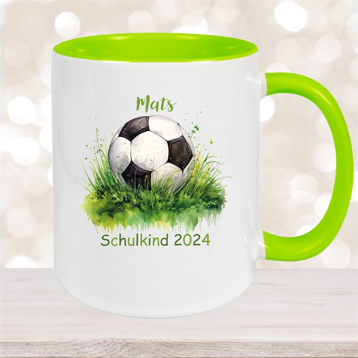 Tasse Schulkind #12 Wunschname Fußball#1 Keramik Kinderbecher Personalisiert Grün