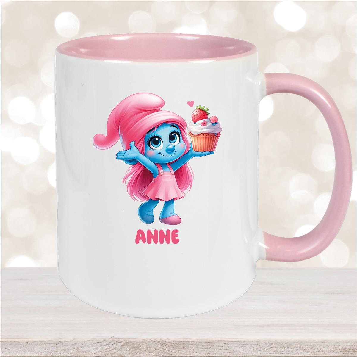 Tasse Kinder Schlumpf #2 mit Muffin Wunschname Keramik Kinderbecher personalisiert versch. Farben Altrosa
