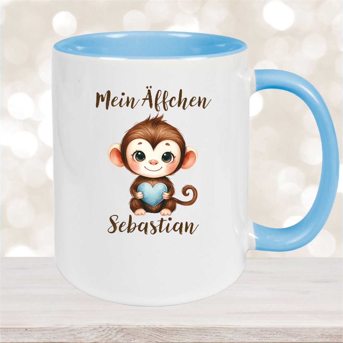 Tasse Liebe - Äffchen Valentinstag Wunschnamen Keramik personalisiert Hellblau