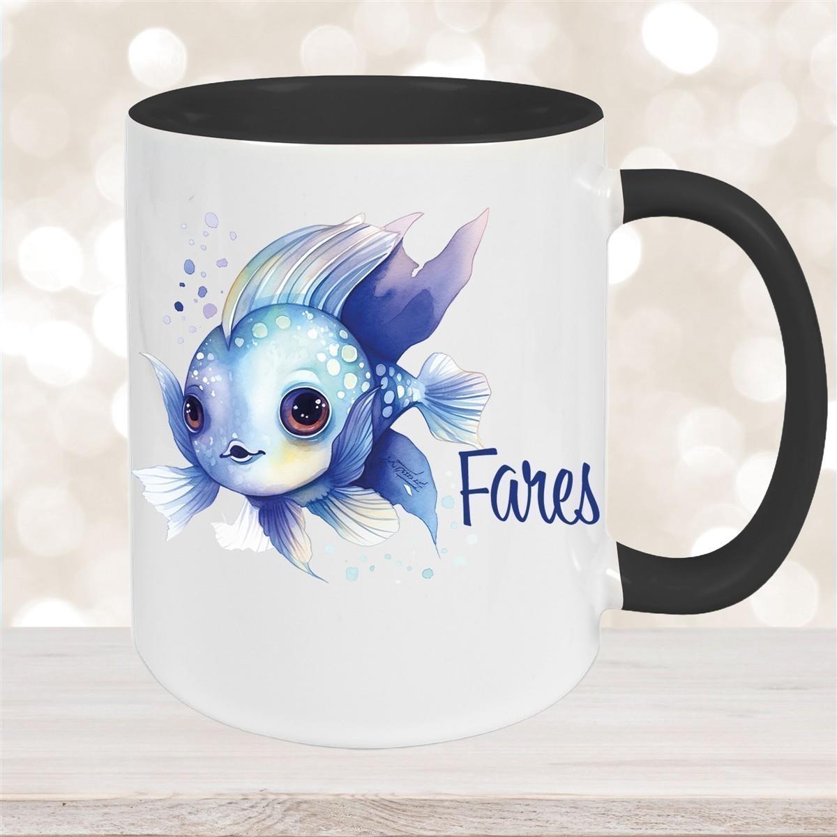 Tasse Wunschname Meerestiere-Fisch 2 Keramik Kinderbecher versch. Farben