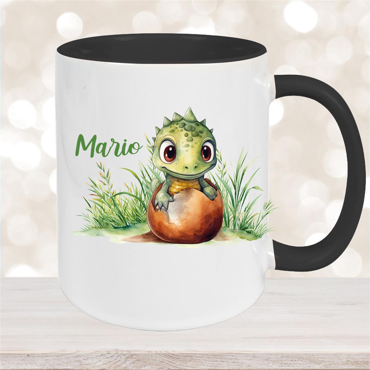 Tasse Dino #7 Wunschname Keramik Kinderbecher Personalisiert Schwarz