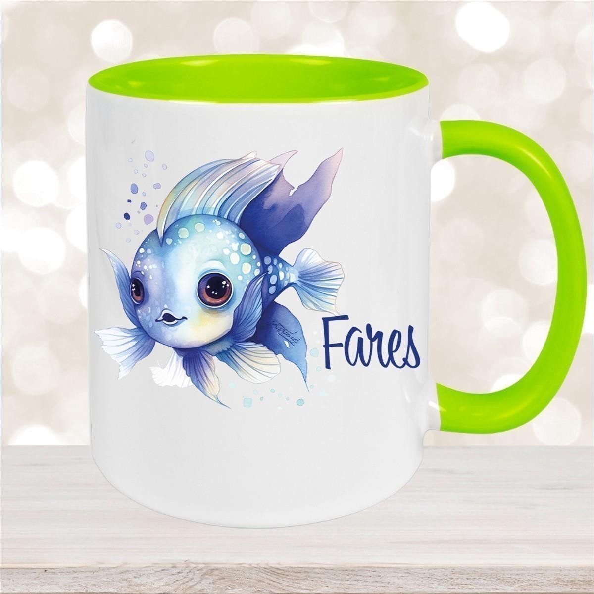 Tasse Wunschname Meerestiere-Fisch 2 Keramik Kinderbecher versch. Farben