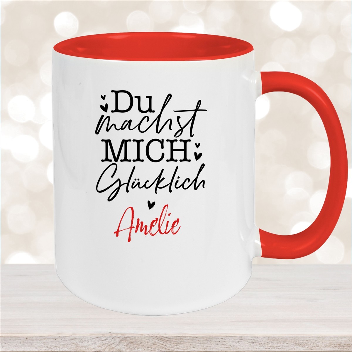Tasse Liebe - Spruch "Du machst mich glücklich" Valentinstag Wunschnamen Keramik personalisiert versch. Farben Rot