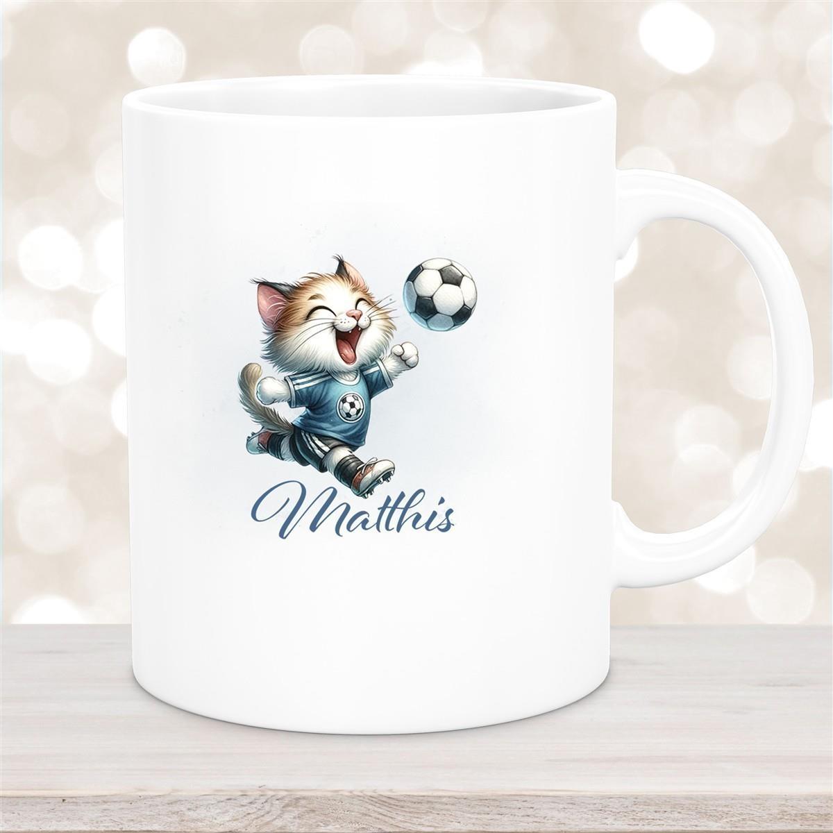 Tasse Wunschname Fußball 18 Personalisiert Katze Keramik Kinderbecher versch. Farben