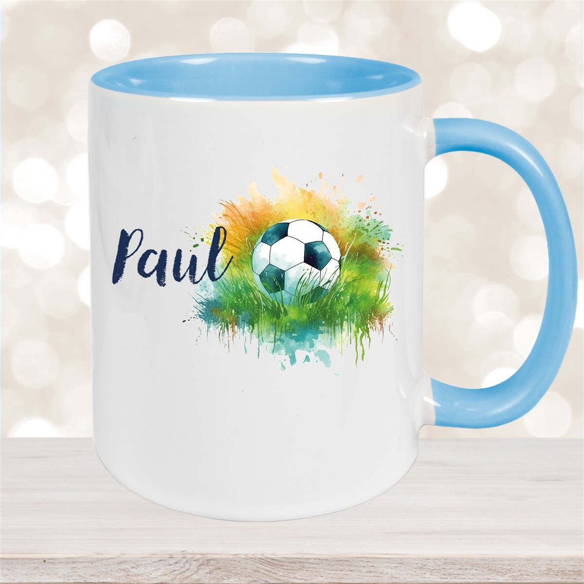 Tasse Fußball #5 Wunschname Keramik Kinderbecher personalisiert Hellblau