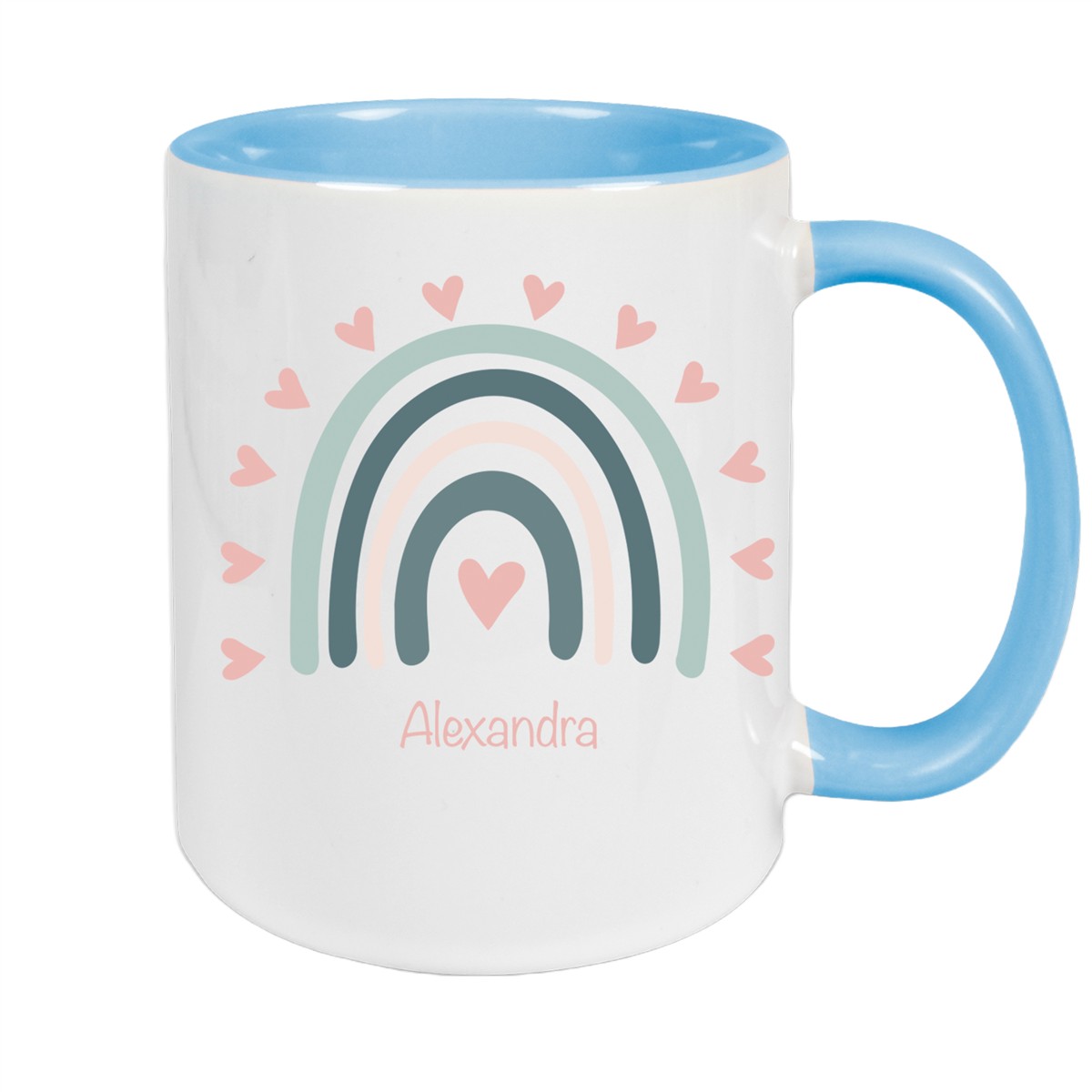 Tasse Wunschname Regenbogen #4 Keramik Kinderbecher Hellblau