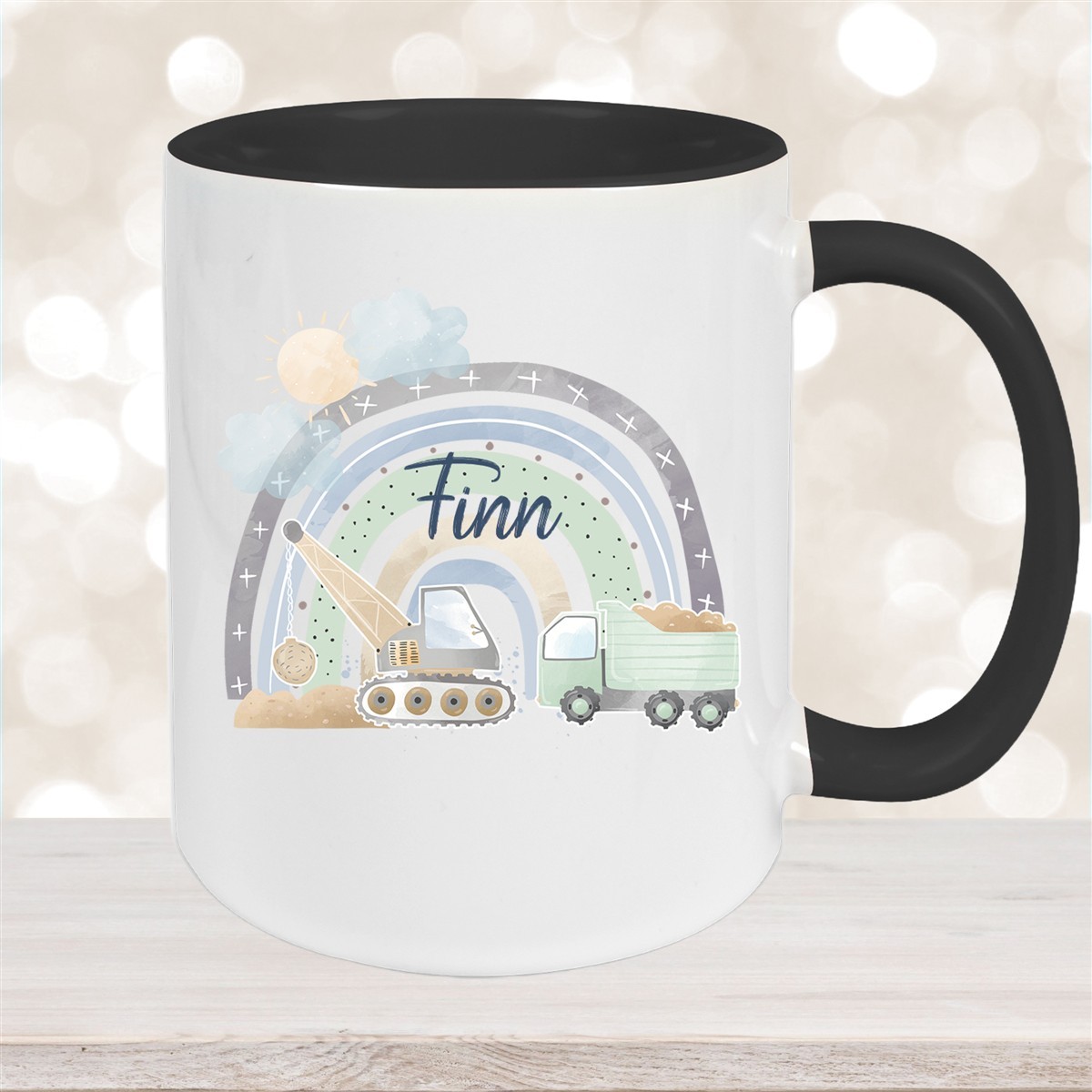 Tasse Wunschname Baustelle Regenbogen #1 Keramik Kinderbecher Schwarz