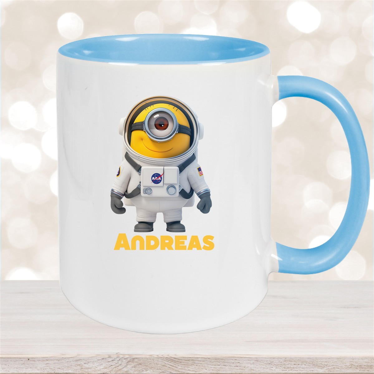 Tasse Minions Kinder Minion #3 Astronaut Wunschname Keramik Kinderbecher personalisiert versch. Farben Hellblau