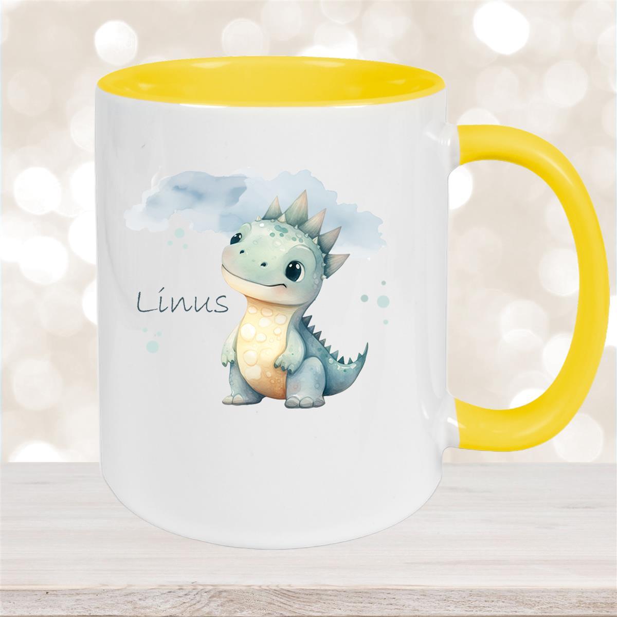 Tasse Dino #15 Wunschname Keramik Kinderbecher Personalisiert Gelb