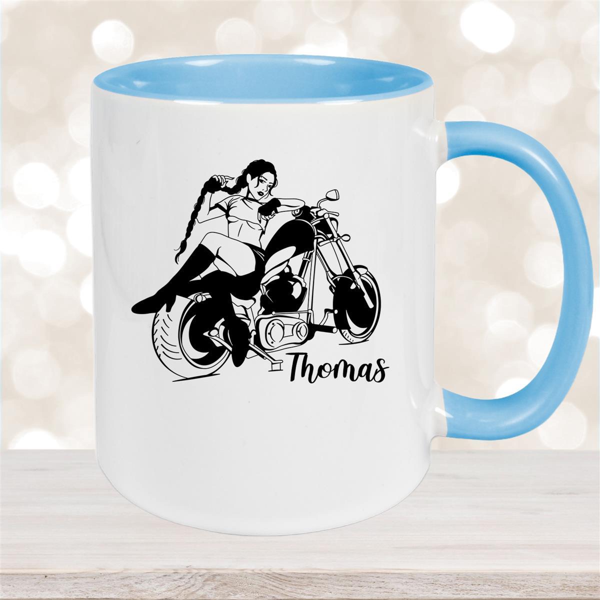 Tasse Bike #01, Biker Girl, Motorrad Keramik personalisiert Hellblau