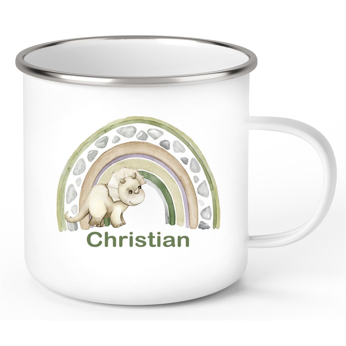 Tasse Wunschname Regenbogen-Dino Emaille Kinderbecher