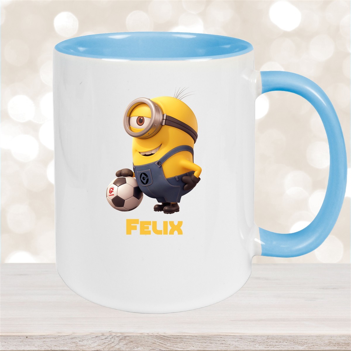 Tasse Minions Kinder Minion #8 Fußball Wunschname Keramik Kinderbecher personalisiert versch. Farben Hellblau