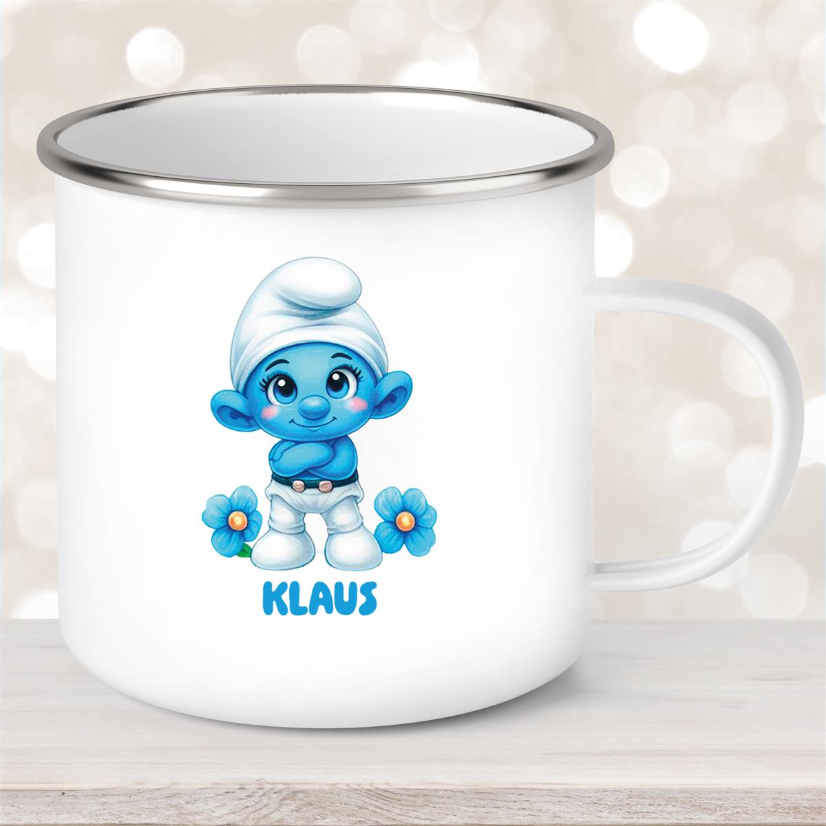 Tasse Kinder Schlumpf #3 Wunschname Emaille Kinderbecher personalisiert