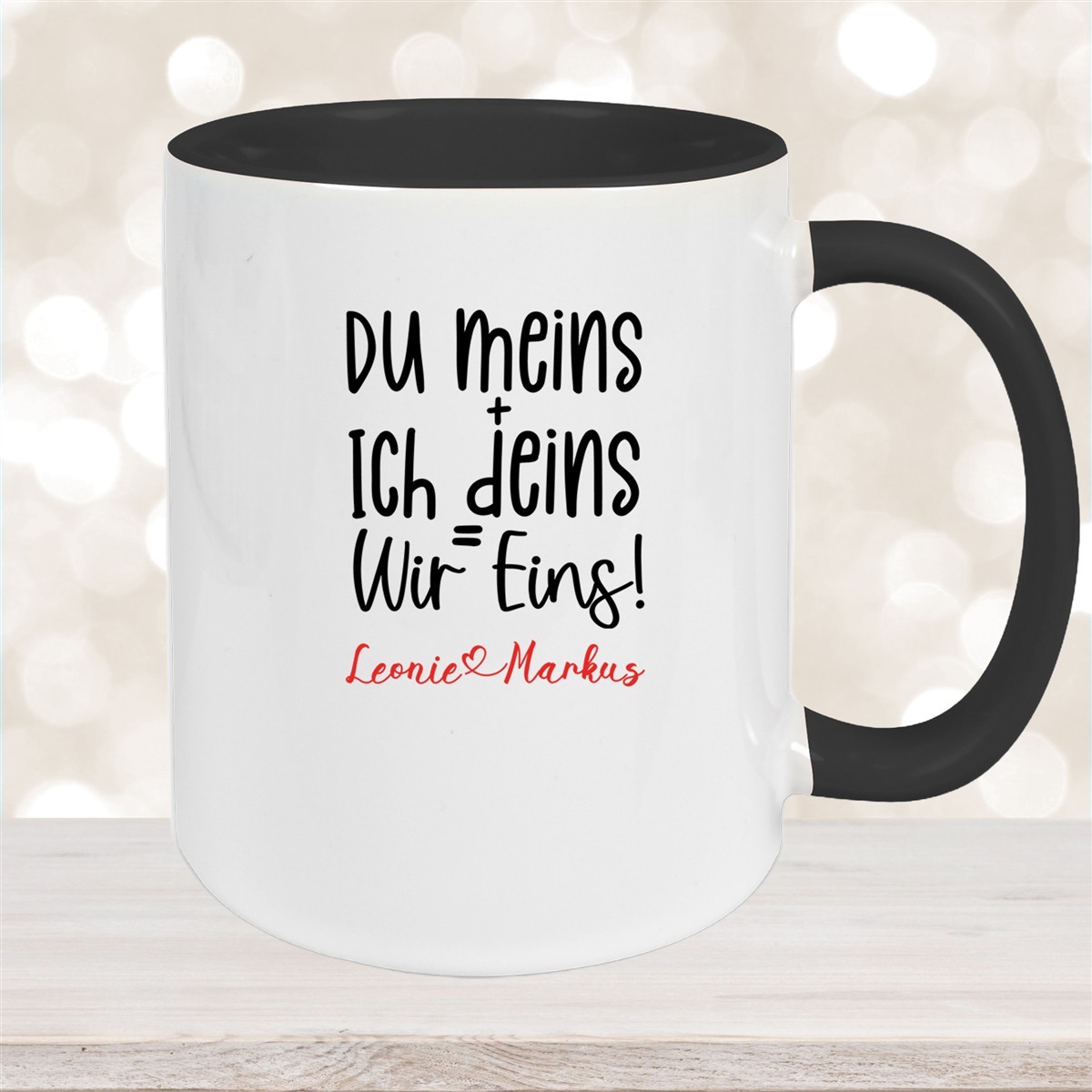 Tasse Liebe - Spruch "du meins, ich deins, wir eins" Valentinstag Wunschnamen Keramik personalisiert versch. Farben Schwarz