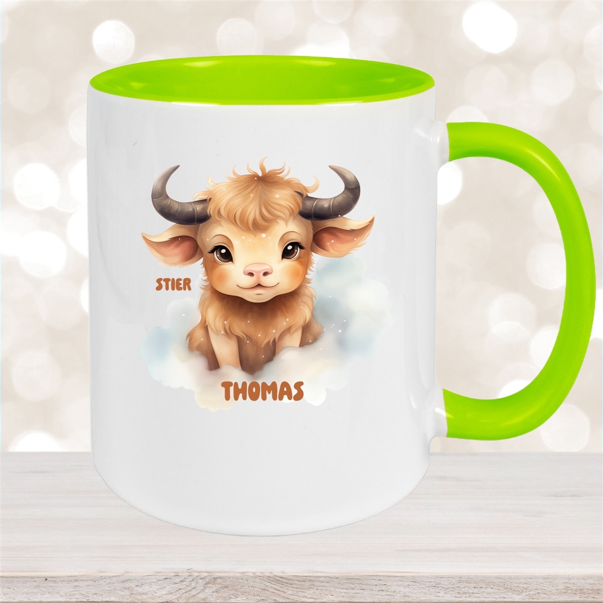 Tasse Sternzeichen Kinder Stier #1 Wunschname Keramik Kinderbecher personalisiert Grün