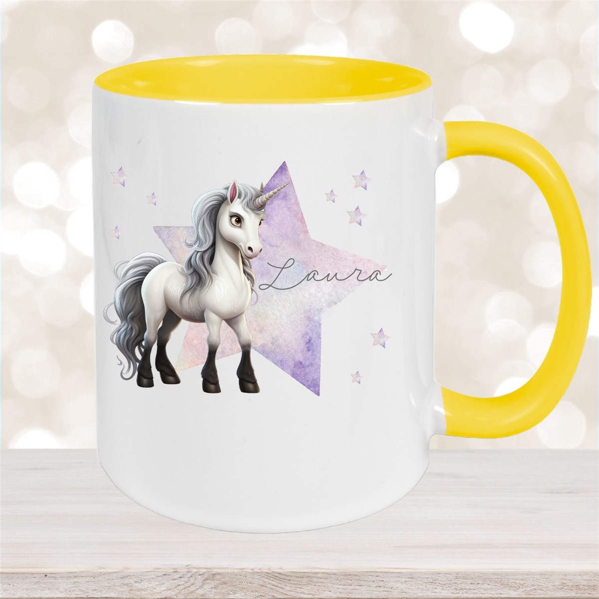 Tasse Wunschname Einhorn Stern #1 Keramik Kinderbecher Gelb