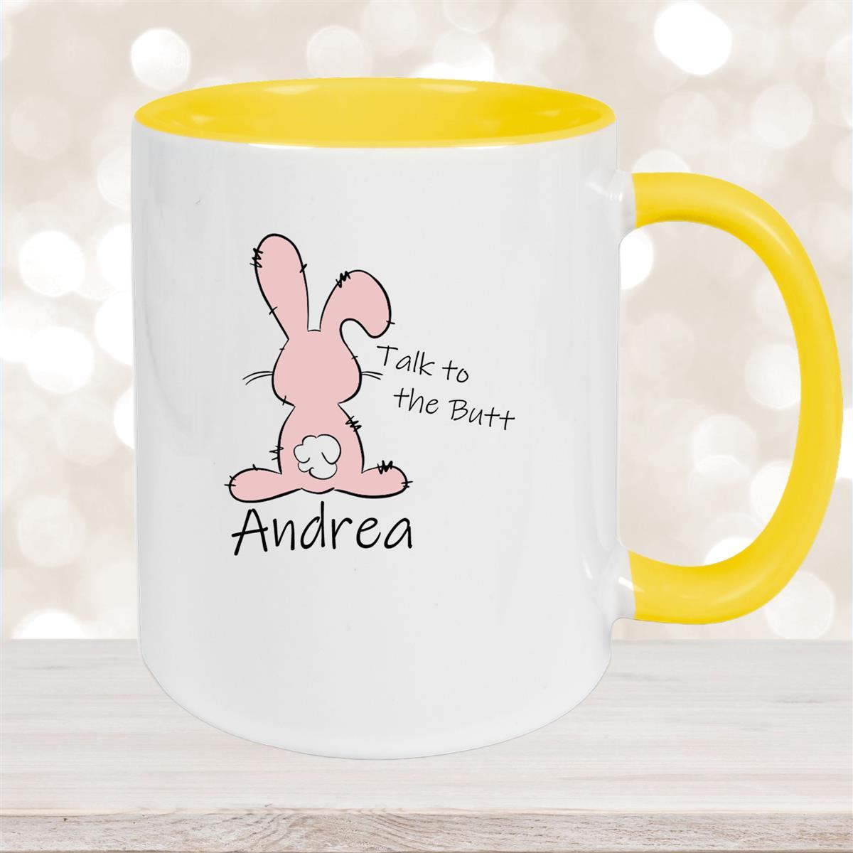 Tasse Ostern - Hase Talk to the Butt Wunschnamen Keramik personalisiert Gelb
