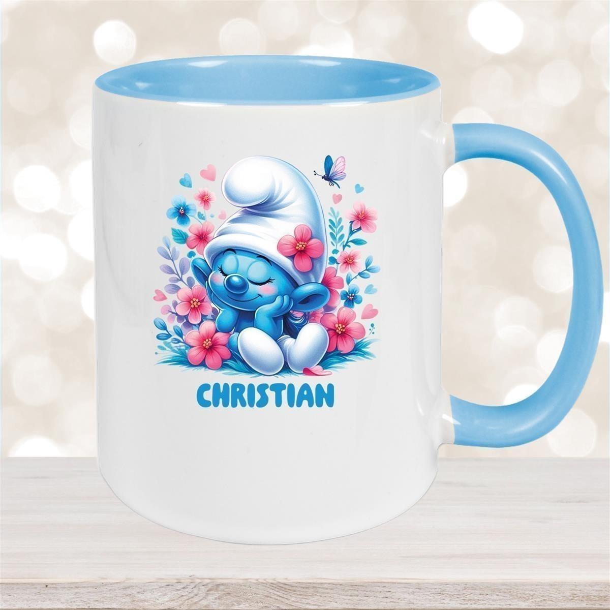 Tasse Kinder Schlumpf 1 mit Blumen Wunschname Keramik Kinderbecher personalisiert versch. Farben