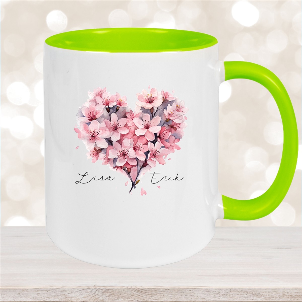 Tasse Liebe - Kirschblüten-Herz Valentinstag Wunschnamen Keramik personalisiert versch. Farben Grün