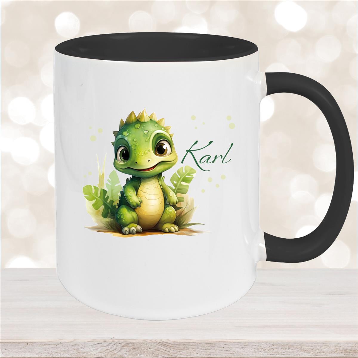 Tasse Dino #16 Wunschname Keramik Kinderbecher Personalisiert Schwarz