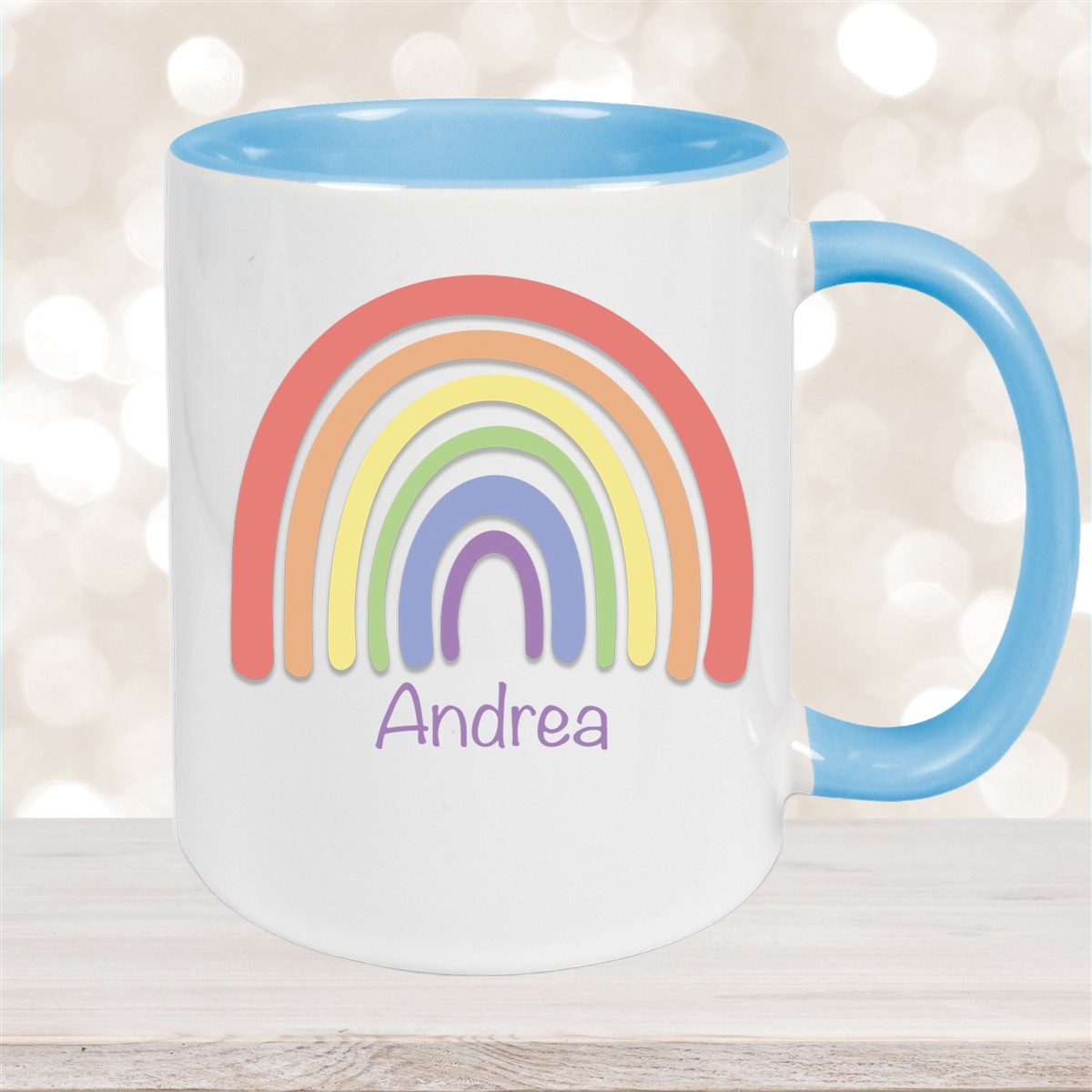 Tasse Wunschname Regenbogen #1 Keramik Kinderbecher Hellblau