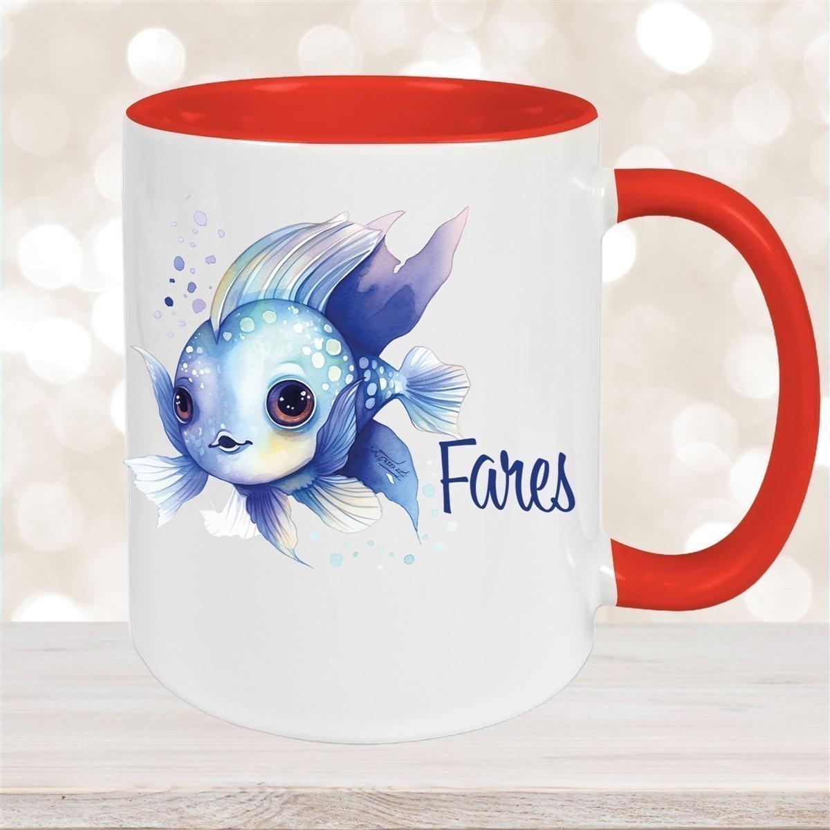 Tasse Wunschname Meerestiere-Fisch 2 Keramik Kinderbecher versch. Farben
