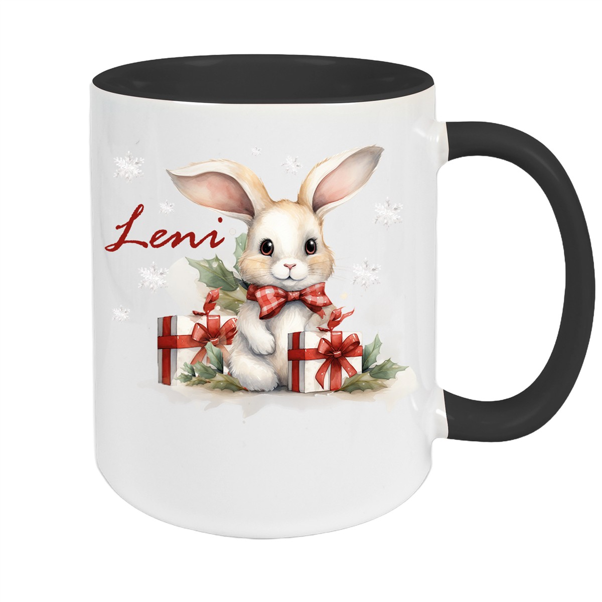 Tasse Wunschname Weihnachten Hase Sterne Keramik Kinderbecher Schwarz