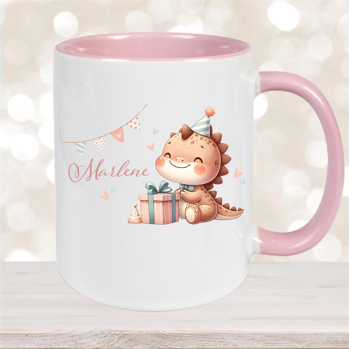 Tasse Dino #18 Wunschname Keramik Kinderbecher Personalisiert Altrosa