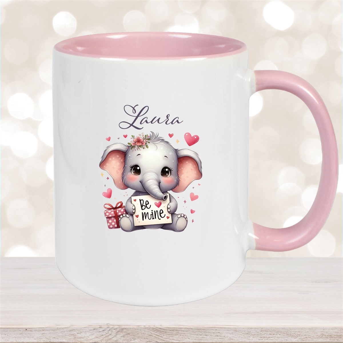 Tasse Liebe - Elefant Valentinstag Wunschnamen Keramik personalisiert versch. Farben Altrosa