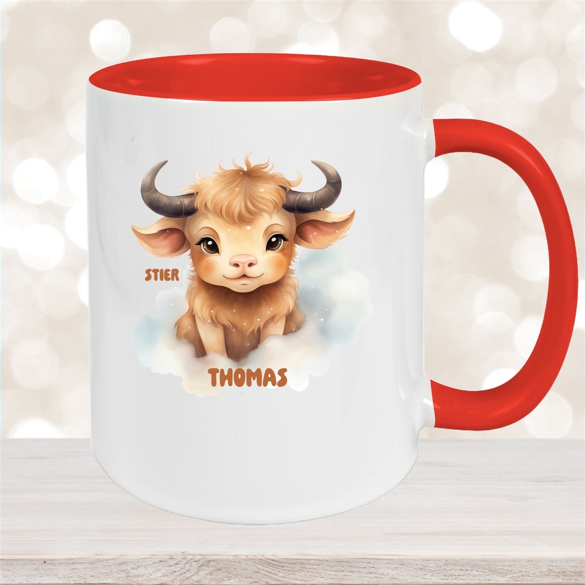 Tasse Sternzeichen Kinder Stier #1 Wunschname Keramik Kinderbecher personalisiert Rot