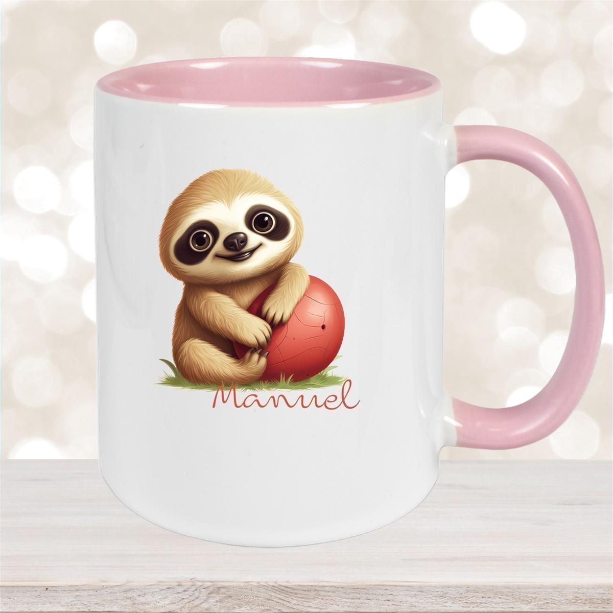 Tasse Wunschname Faultier-Ball Keramik Kinderbecher Personalisiert versch. Farben