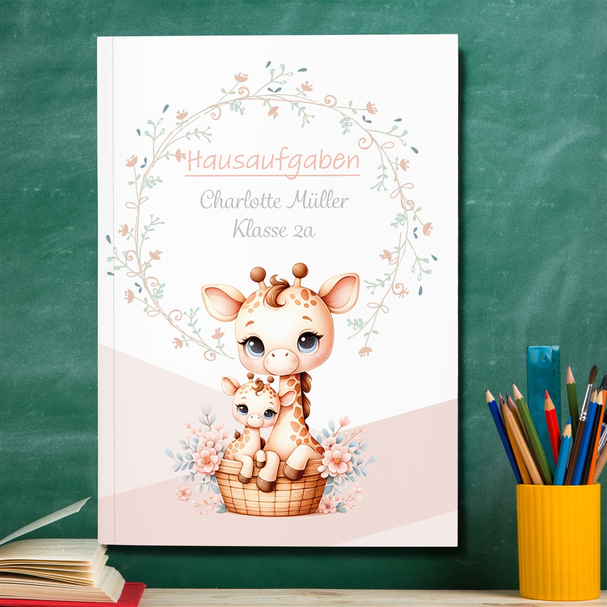 Hausaufgabenheft Giraffe #1  DIN A5 - 48 Blatt mit Name und Klasse