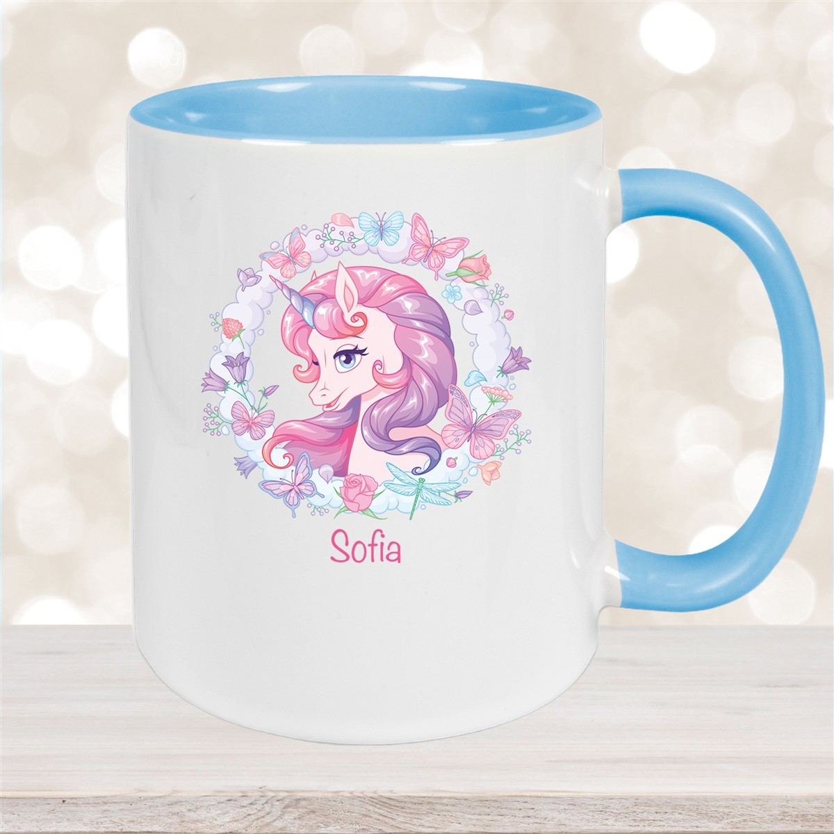 Tasse Wunschname Einhorn #1 Keramik Kinderbecher personalisiert Hellblau