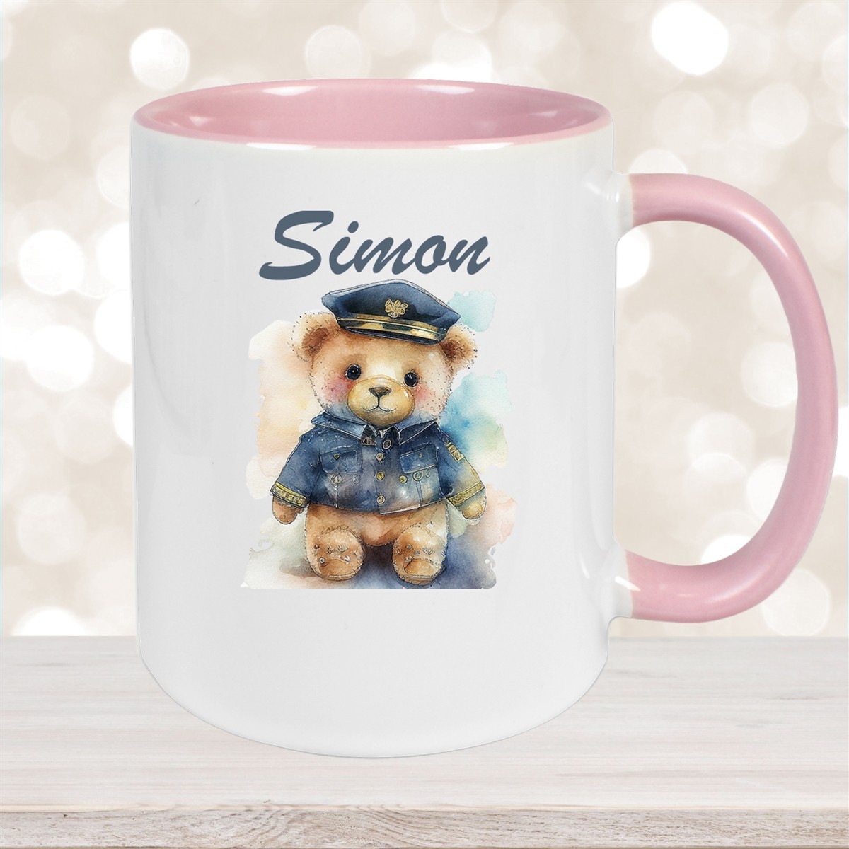 Tasse Polizei Teddy #1 Wunschname Keramik Kinderbecher personalisiert Altrosa