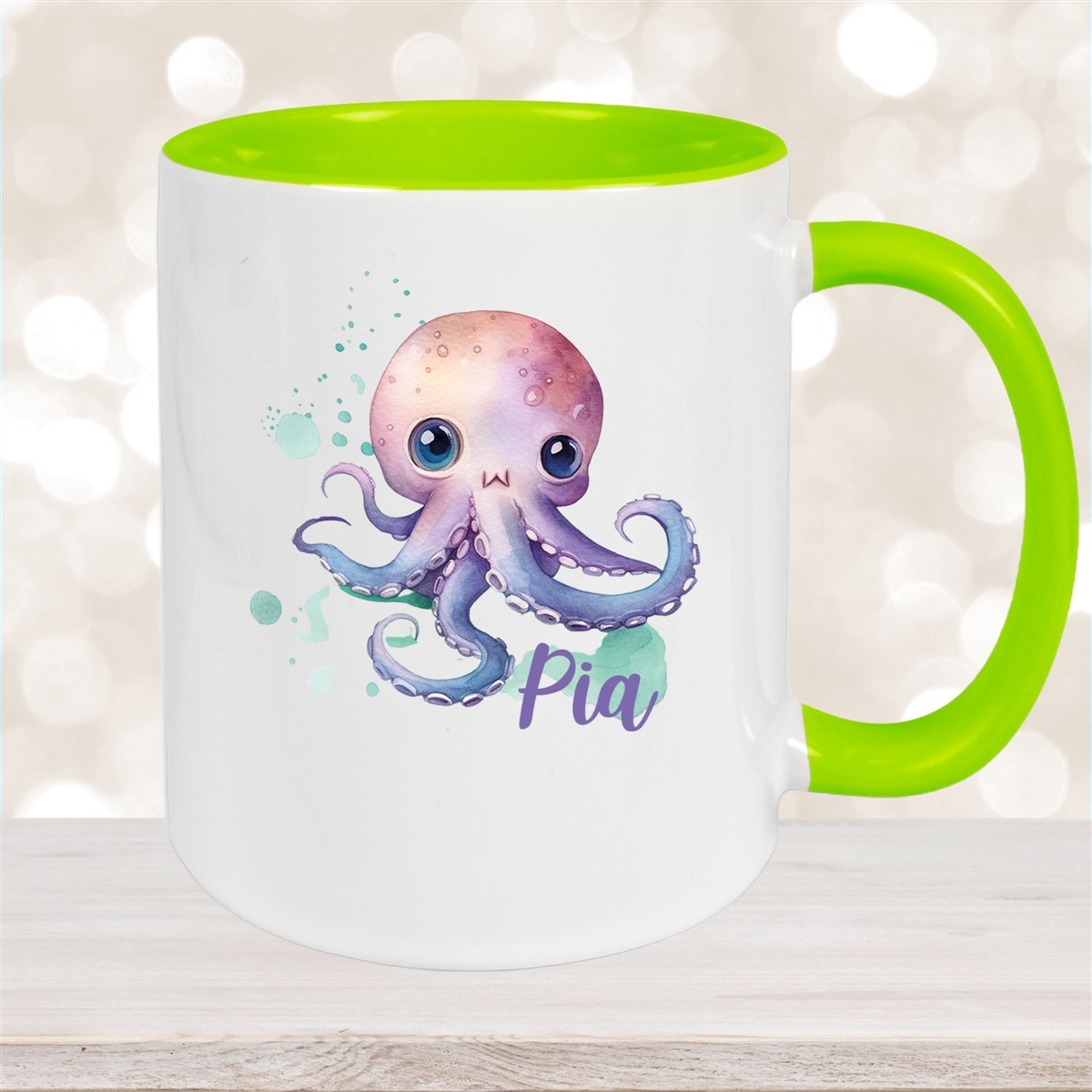 Tasse Wunschname Meerestiere-Oktopus #1 Keramik Kinderbecher Grün