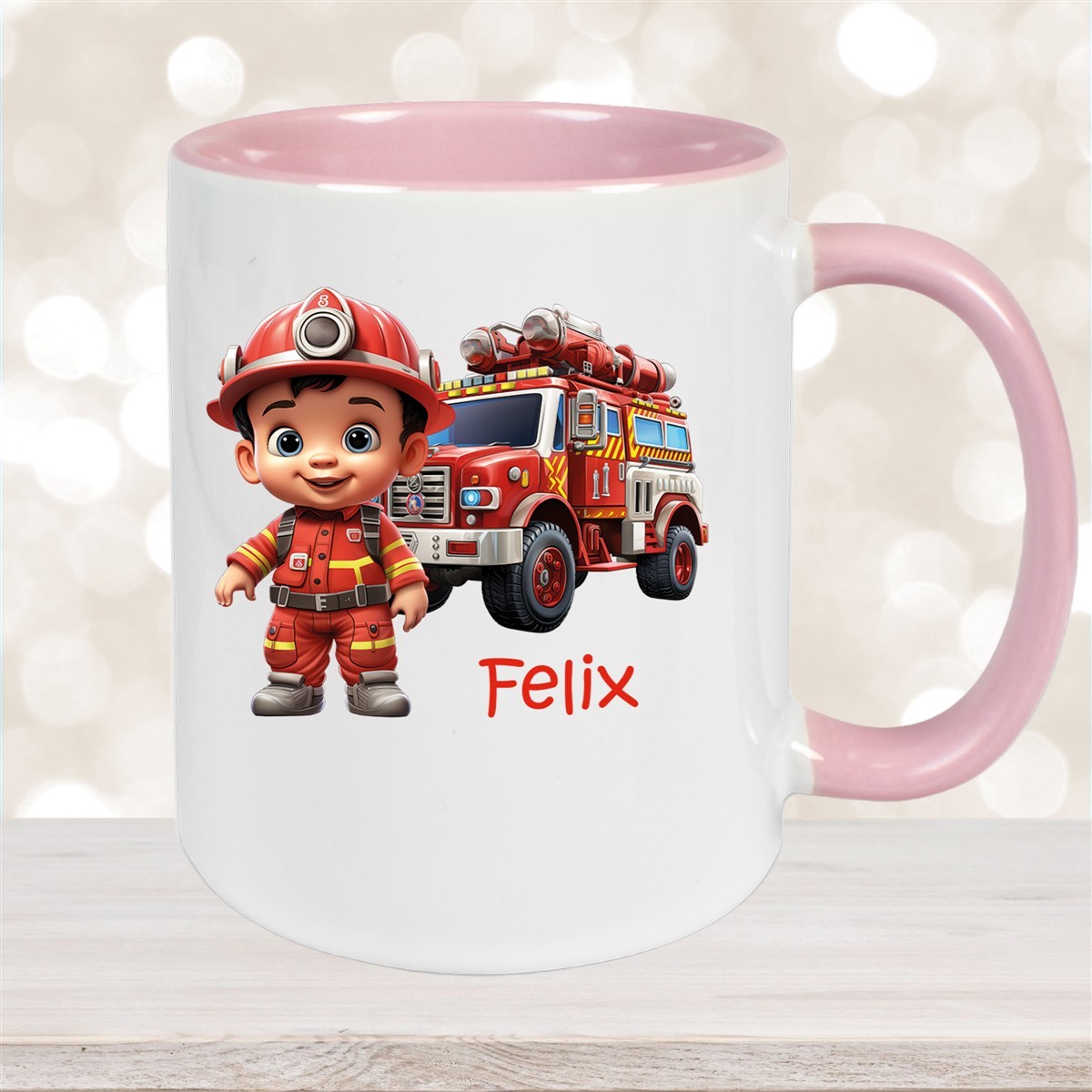 Tasse Wunschname Feuerwehr #4 Keramik Kinderbecher Altrosa
