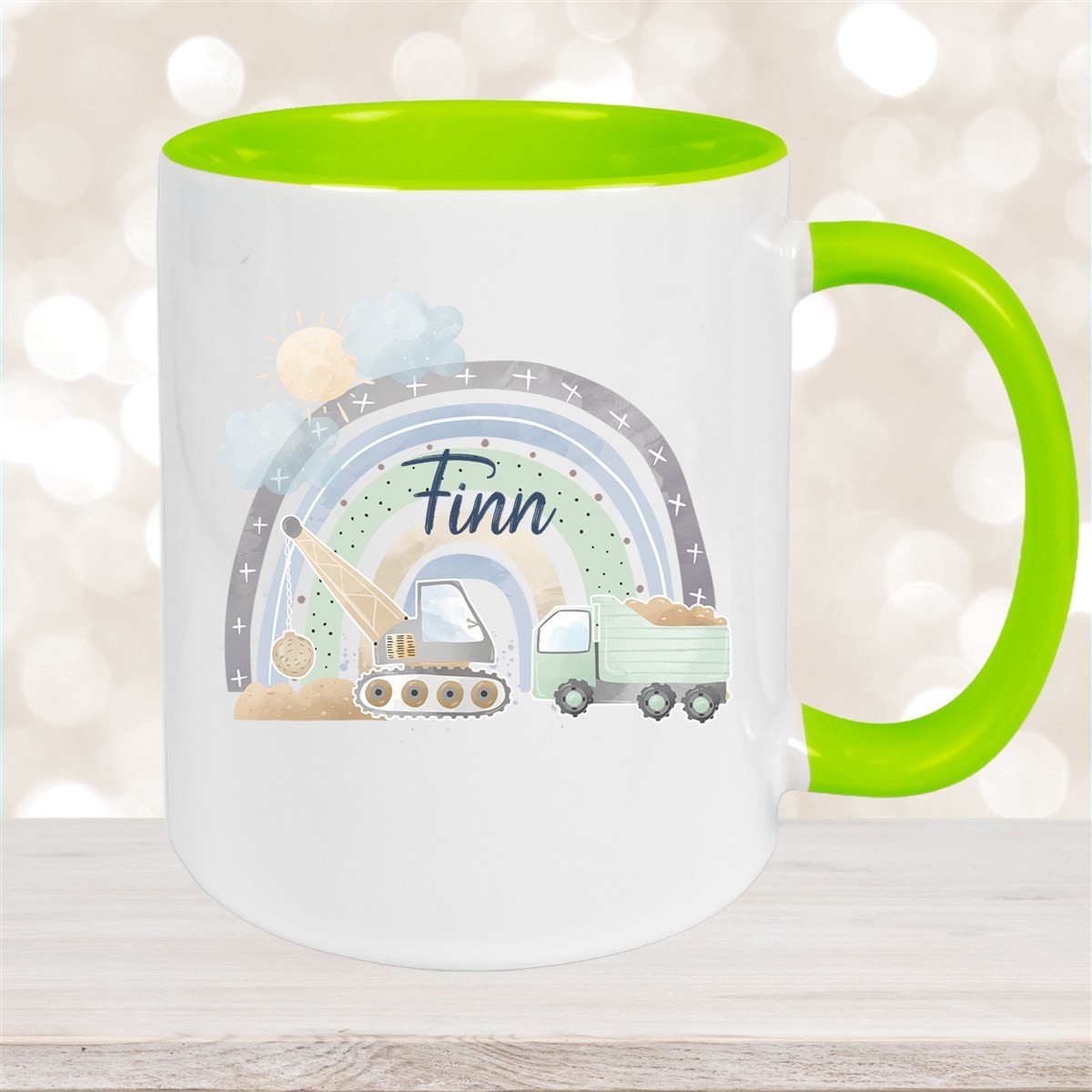 Tasse Wunschname Baustelle Regenbogen #1 Keramik Kinderbecher Grün