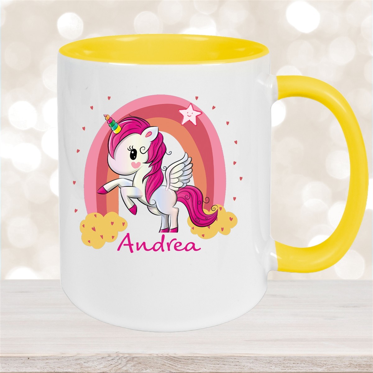 Tasse Wunschname Regenbogen-Einhorn Keramik Kinderbecher personalisiert Gelb
