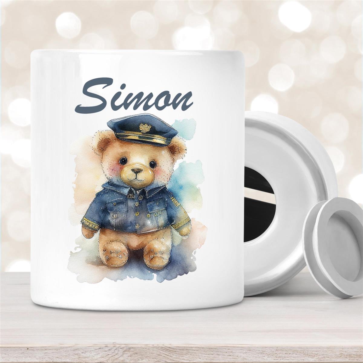 Spardose mit Wunschname Polizei Teddy #1 personalisiert