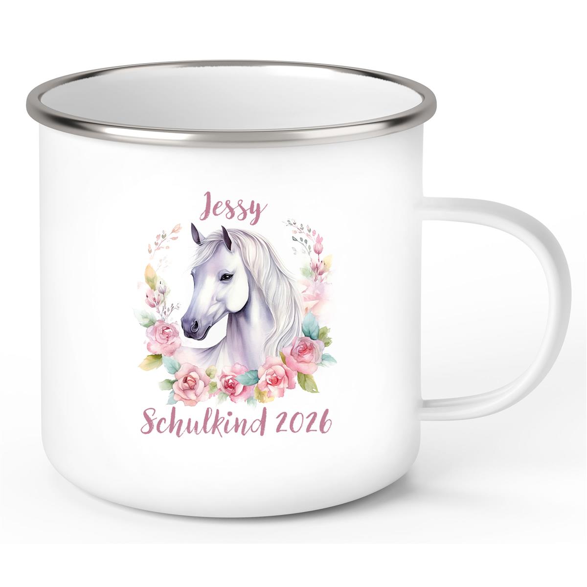Tasse Schulkind 14 Wunschname Pferd1 Emaille Kinderbecher Personalisiert
