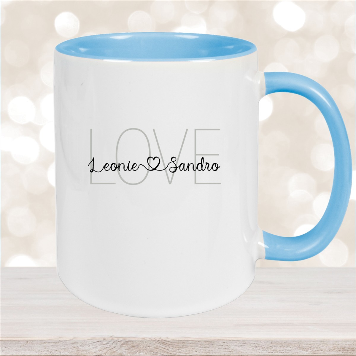 Tasse Liebe - Spruch "LOVE" Valentinstag Wunschnamen Keramik personalisiert versch. Farben Hellblau