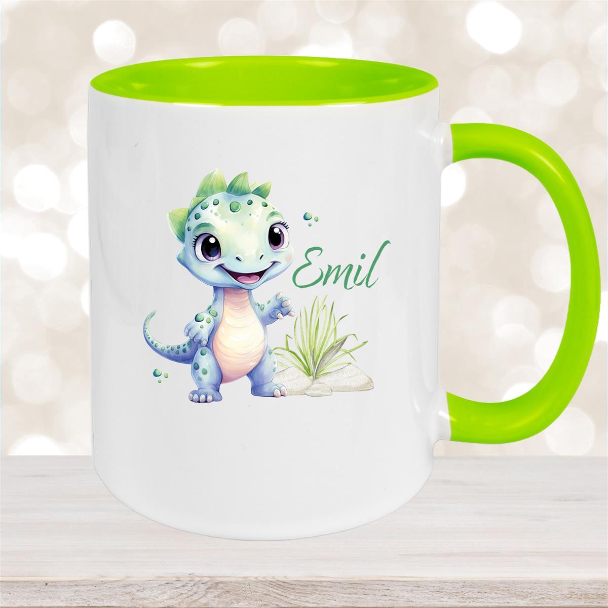 Tasse Dino #14 Wunschname Keramik Kinderbecher Personalisiert Grün