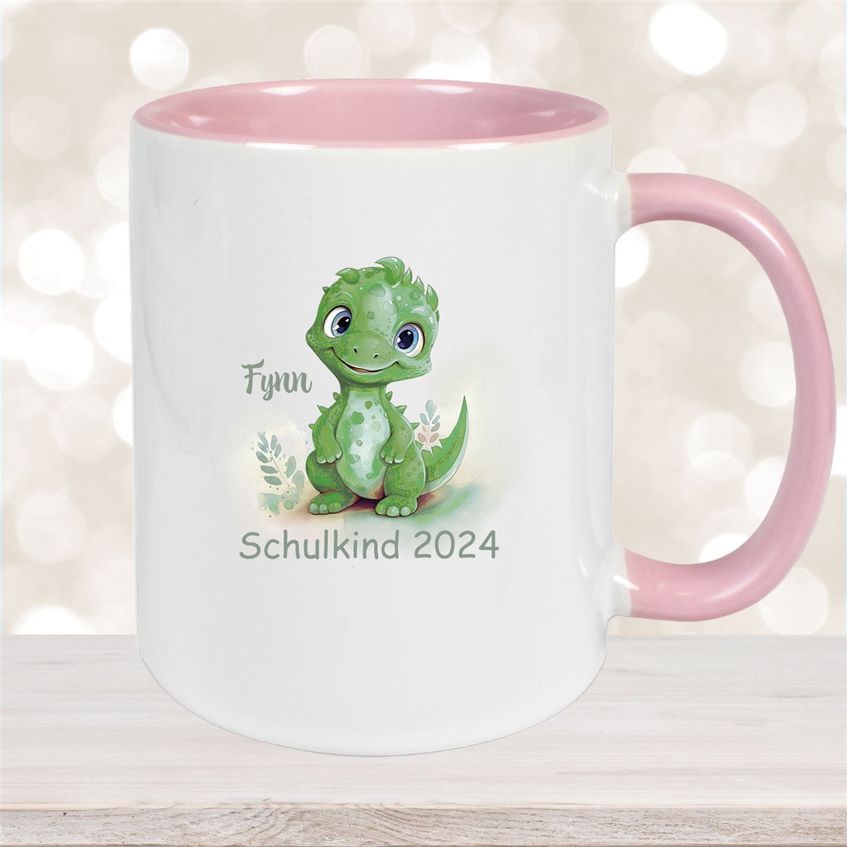 Tasse Schulkind #11 Wunschname Dino #2 Keramik Kinderbecher Personalisiert Altrosa